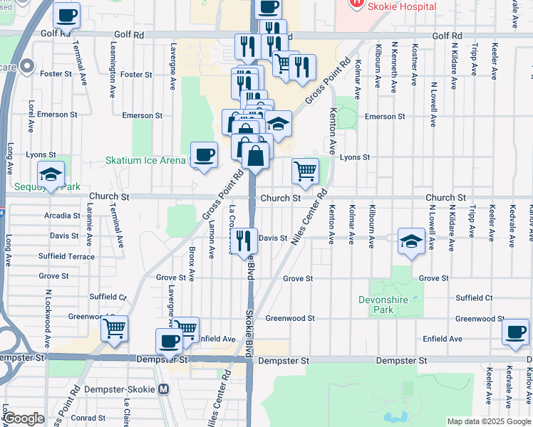 map of restaurants, bars, coffee shops, grocery stores, and more near in Skokie