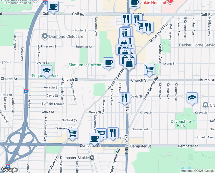 map of restaurants, bars, coffee shops, grocery stores, and more near 4909 Church Street in Skokie