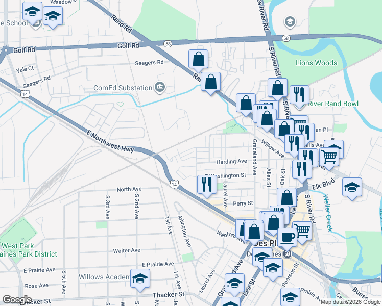 map of restaurants, bars, coffee shops, grocery stores, and more near 22 Evergreen Avenue in Des Plaines