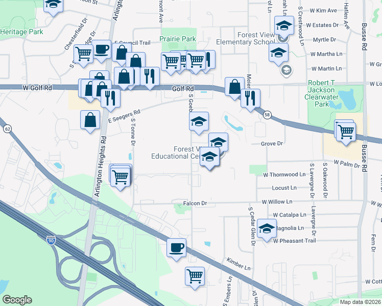 map of restaurants, bars, coffee shops, grocery stores, and more near 2026 South Goebbert Road in Arlington Heights