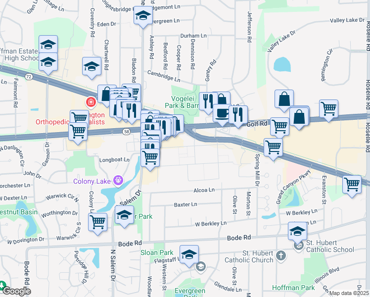 map of restaurants, bars, coffee shops, grocery stores, and more near 535 West Higgins Road in Hoffman Estates