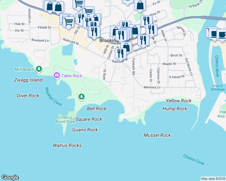 map of restaurants, bars, coffee shops, grocery stores, and more near 201 Wharf Street in Brookings
