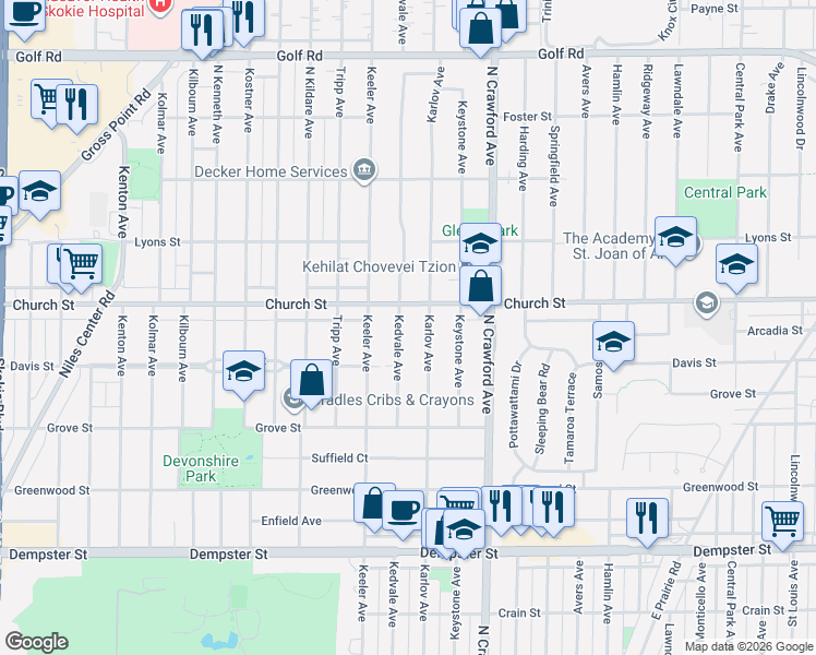 map of restaurants, bars, coffee shops, grocery stores, and more near 4115 Church Street in Skokie
