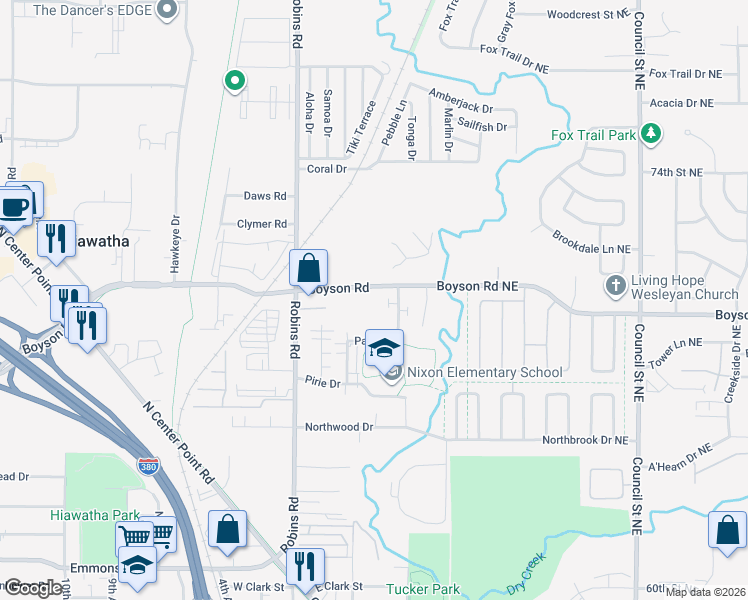 map of restaurants, bars, coffee shops, grocery stores, and more near 195 Boyson Road in Hiawatha