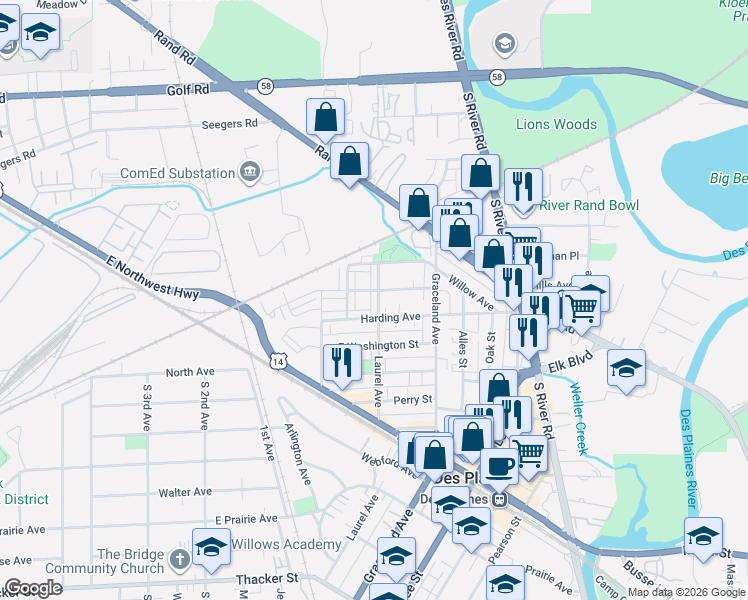 map of restaurants, bars, coffee shops, grocery stores, and more near 1248 Evergreen Avenue in Des Plaines