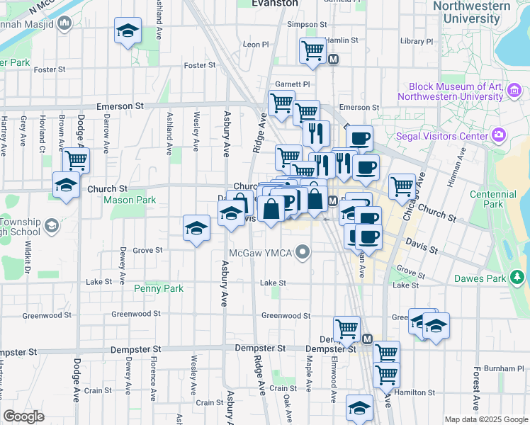 map of restaurants, bars, coffee shops, grocery stores, and more near 1125 Davis Street in Evanston