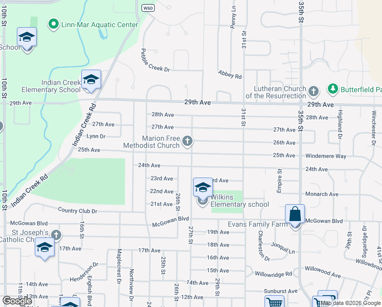 map of restaurants, bars, coffee shops, grocery stores, and more near 2699 25th Avenue in Marion