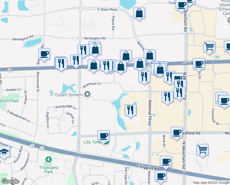 map of restaurants, bars, coffee shops, grocery stores, and more near 1001-1099 American Lane in Schaumburg