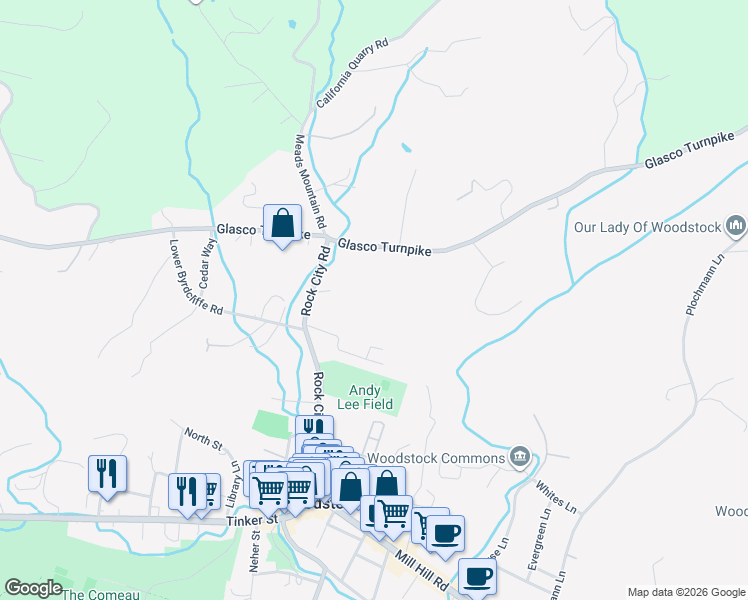 map of restaurants, bars, coffee shops, grocery stores, and more near 11 Marion's Way in Woodstock
