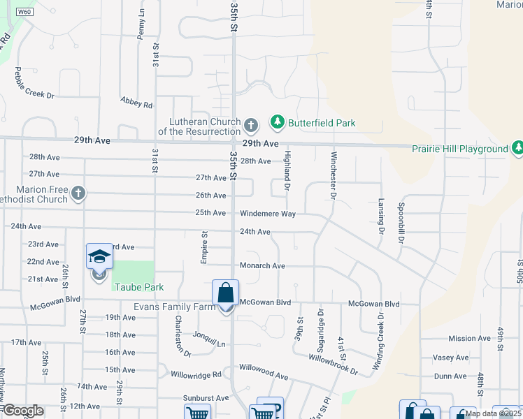 map of restaurants, bars, coffee shops, grocery stores, and more near 3660 Windemere Way in Marion