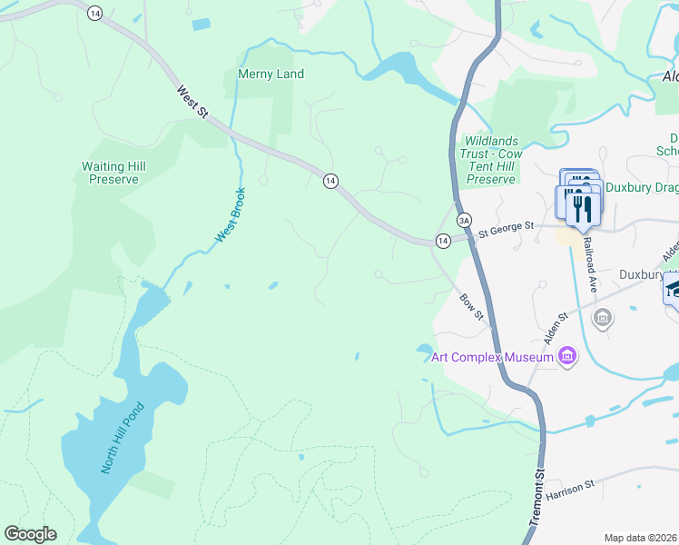 map of restaurants, bars, coffee shops, grocery stores, and more near 95 West Street in Duxbury