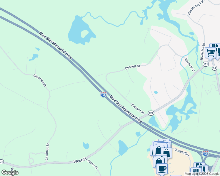 map of restaurants, bars, coffee shops, grocery stores, and more near 325 Bennett Street in Wrentham