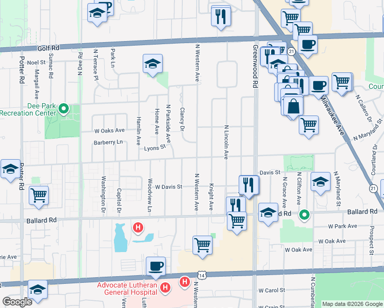 map of restaurants, bars, coffee shops, grocery stores, and more near 9242 Clancy Drive in Des Plaines