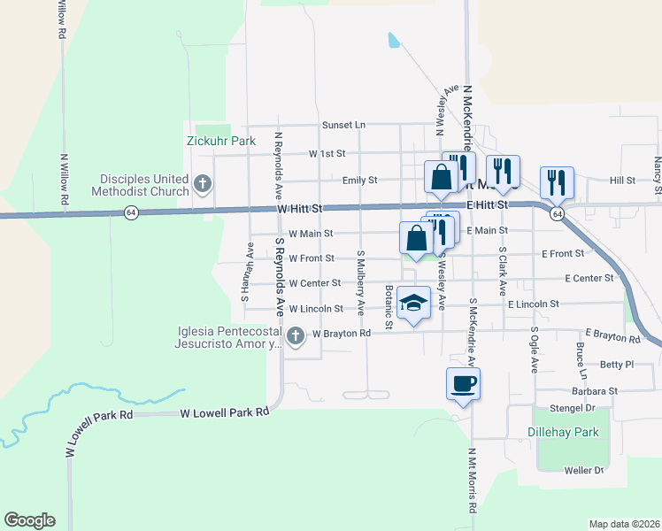 map of restaurants, bars, coffee shops, grocery stores, and more near 212 West Front Street in Mount Morris