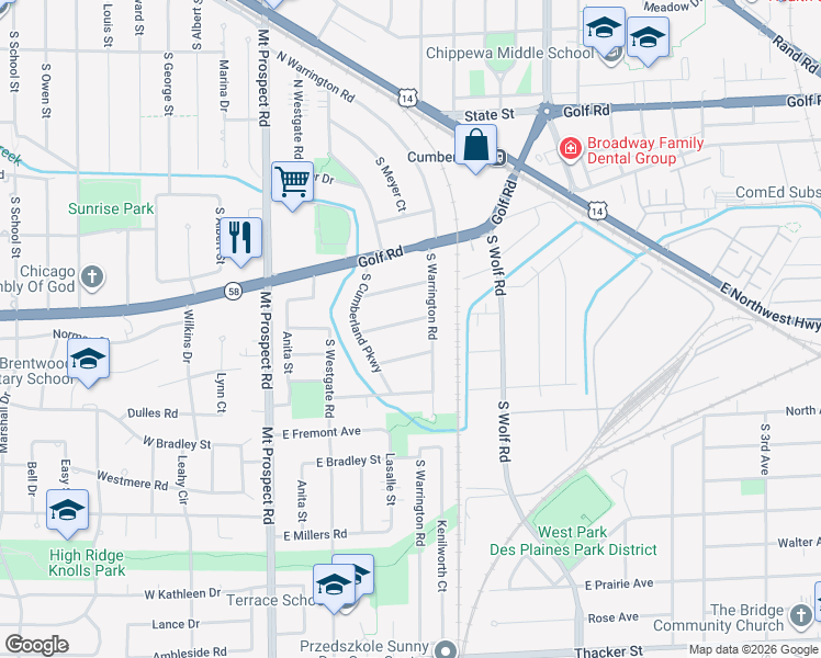map of restaurants, bars, coffee shops, grocery stores, and more near 288 South Warrington Road in Des Plaines