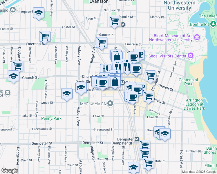 map of restaurants, bars, coffee shops, grocery stores, and more near 1620 Maple Avenue in Evanston