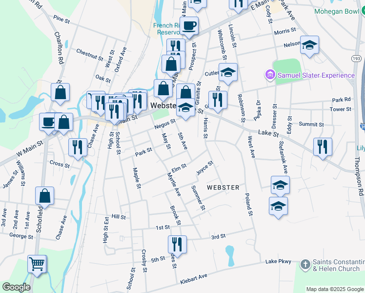 map of restaurants, bars, coffee shops, grocery stores, and more near 17 5th Avenue in Webster