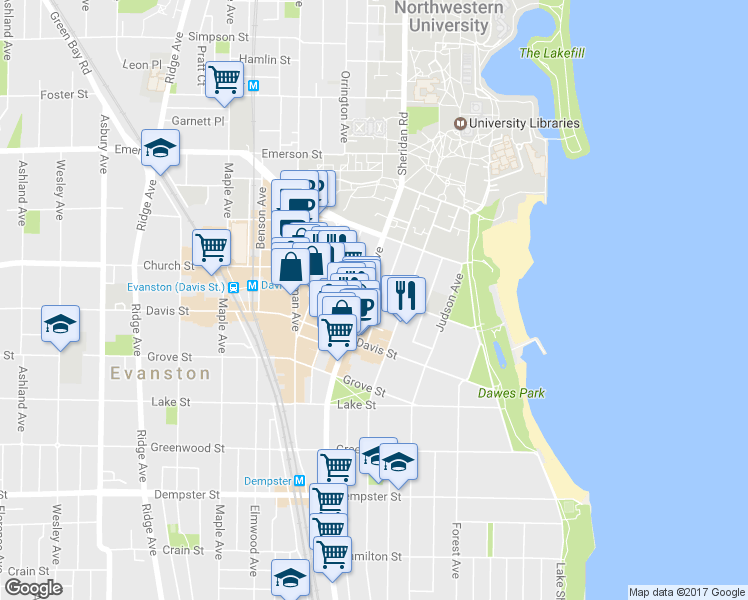map of restaurants, bars, coffee shops, grocery stores, and more near 1700 Hinman Avenue in Evanston