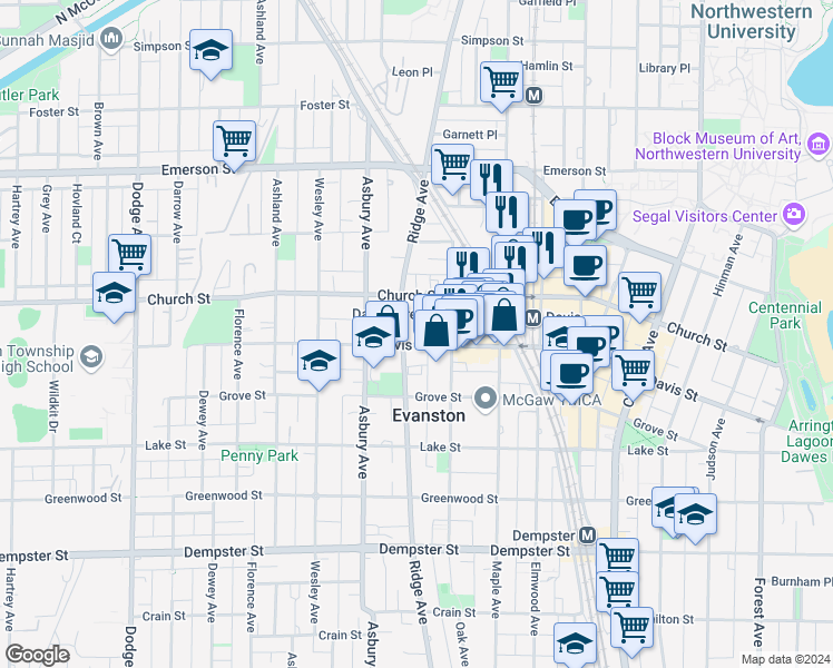 map of restaurants, bars, coffee shops, grocery stores, and more near 1621 Ridge Avenue in Evanston