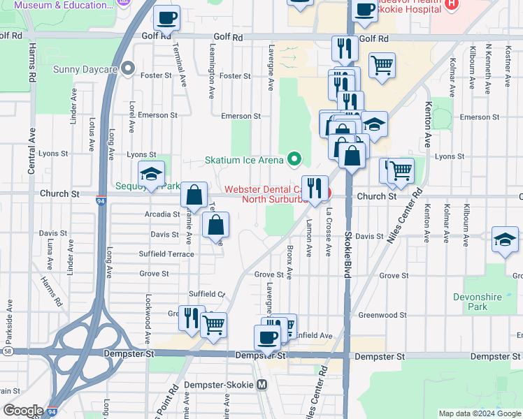 map of restaurants, bars, coffee shops, grocery stores, and more near 5029 Church Street in Skokie