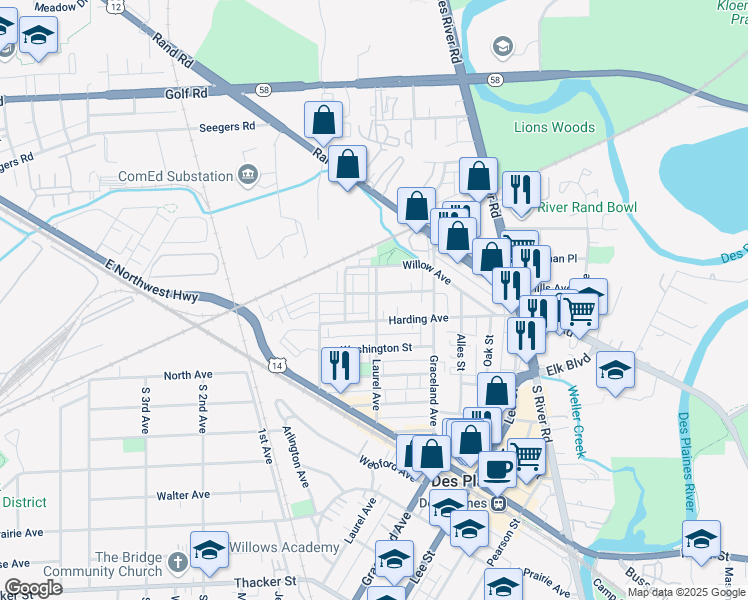 map of restaurants, bars, coffee shops, grocery stores, and more near 1248 Evergreen Avenue in Des Plaines