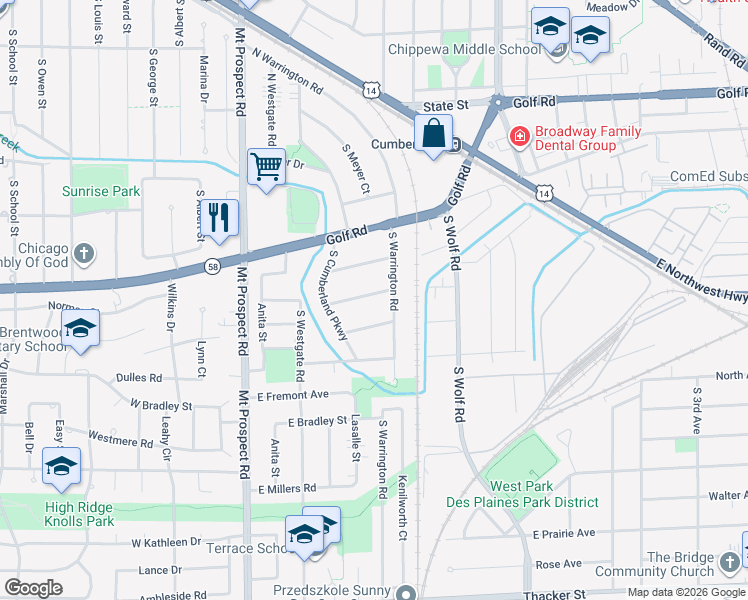 map of restaurants, bars, coffee shops, grocery stores, and more near 288 South Warrington Road in Des Plaines