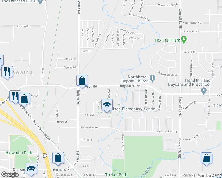 map of restaurants, bars, coffee shops, grocery stores, and more near 980 Dry Run Creek Court in Hiawatha