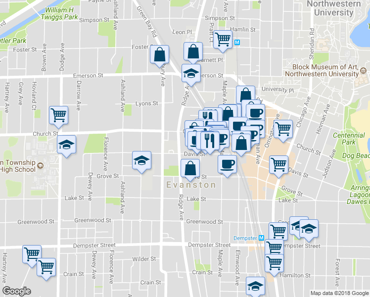 map of restaurants, bars, coffee shops, grocery stores, and more near 1621 Ridge Avenue in Evanston