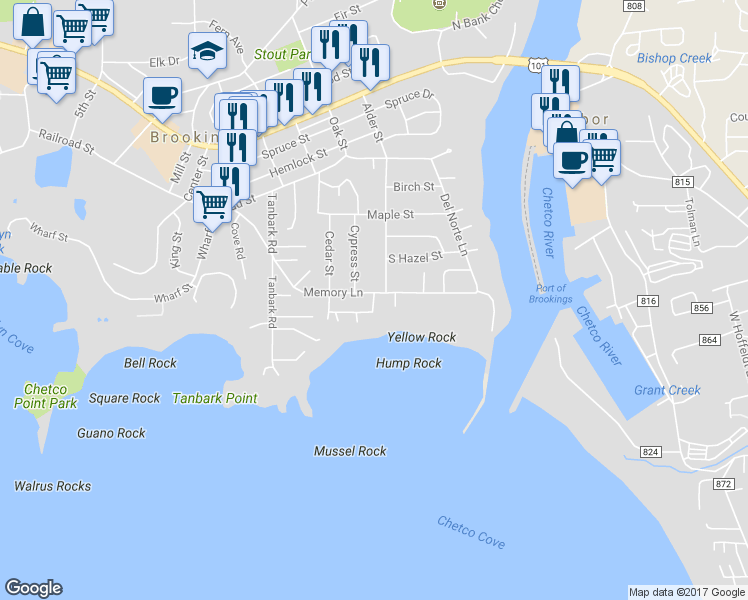 map of restaurants, bars, coffee shops, grocery stores, and more near 409 Buena Vista Loop in Brookings