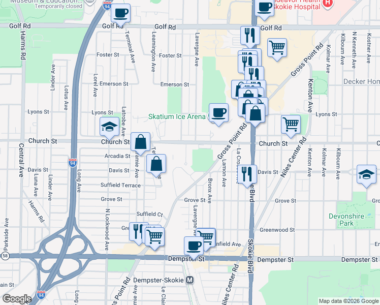map of restaurants, bars, coffee shops, grocery stores, and more near 5029 Church Street in Skokie