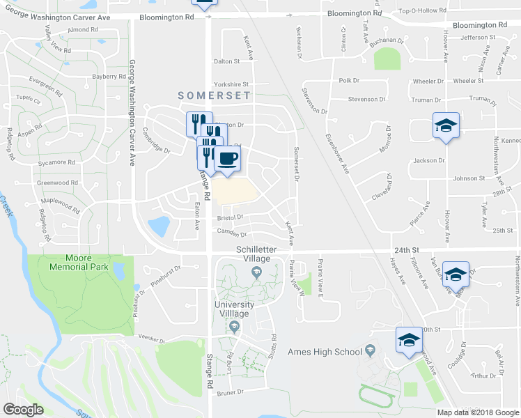 map of restaurants, bars, coffee shops, grocery stores, and more near 2415 Bristol Drive in Ames