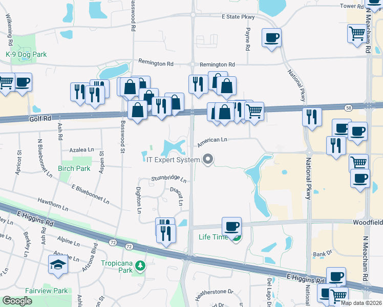 map of restaurants, bars, coffee shops, grocery stores, and more near 1014 Plum Grove Road in Schaumburg