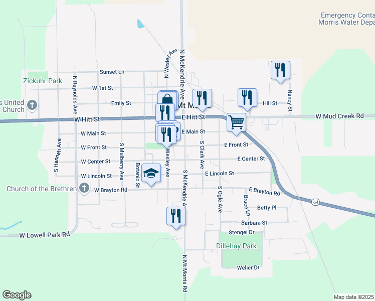 map of restaurants, bars, coffee shops, grocery stores, and more near 105 South McKendrie Avenue in Mount Morris