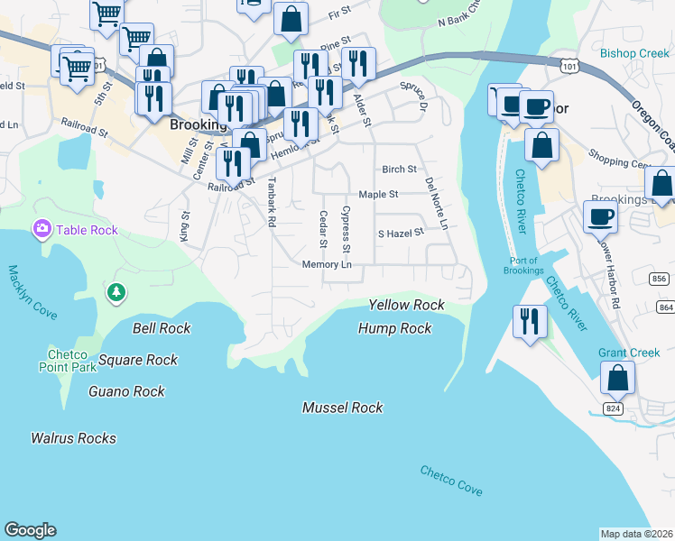 map of restaurants, bars, coffee shops, grocery stores, and more near 218 Cedar Street in Brookings