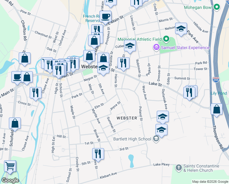 map of restaurants, bars, coffee shops, grocery stores, and more near 22 Harris Street in Webster