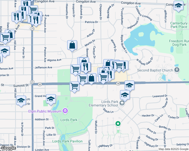 map of restaurants, bars, coffee shops, grocery stores, and more near 858 Summit Street in Elgin