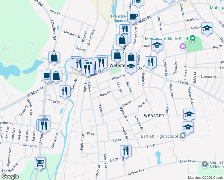 map of restaurants, bars, coffee shops, grocery stores, and more near 15 Brookline Street in Webster