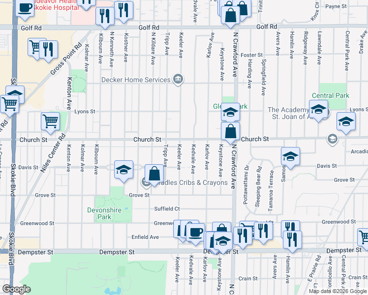 map of restaurants, bars, coffee shops, grocery stores, and more near in Skokie