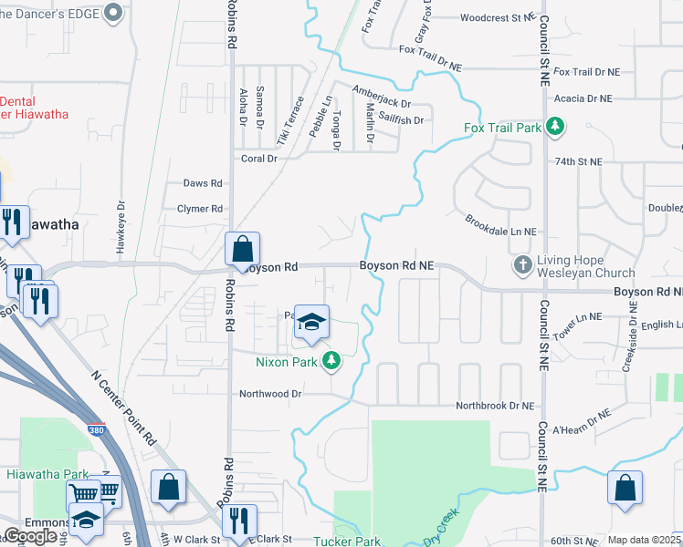 map of restaurants, bars, coffee shops, grocery stores, and more near 980 Dry Run Creek Court in Hiawatha