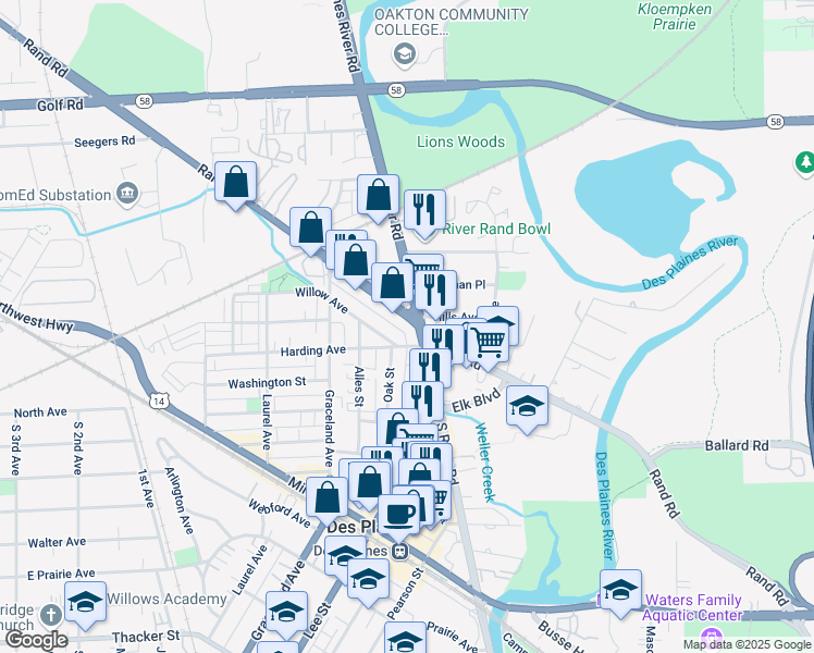 map of restaurants, bars, coffee shops, grocery stores, and more near 1530 Rand Road in Des Plaines