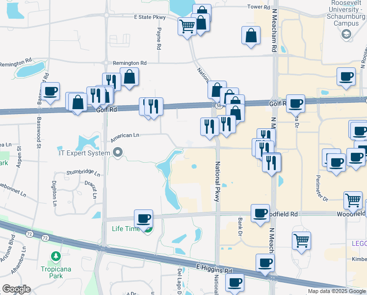 map of restaurants, bars, coffee shops, grocery stores, and more near 1099 American Ln in Schaumburg