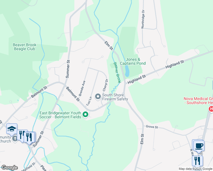 map of restaurants, bars, coffee shops, grocery stores, and more near 106 Cheryl Drive in East Bridgewater