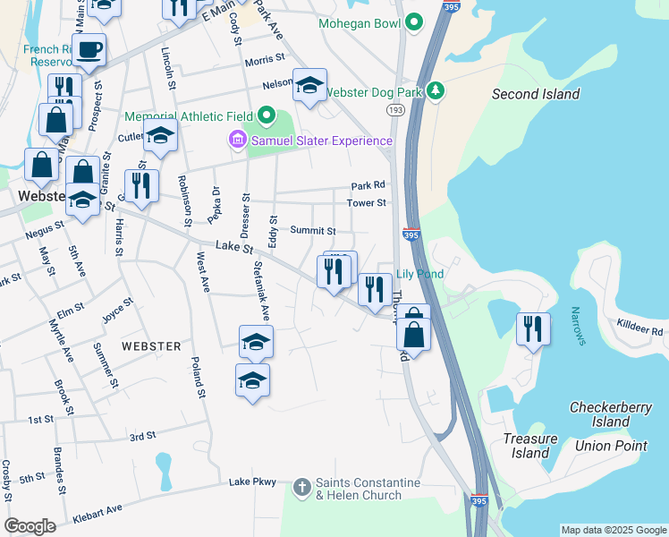 map of restaurants, bars, coffee shops, grocery stores, and more near 15 Everett Avenue in Webster