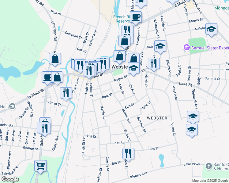 map of restaurants, bars, coffee shops, grocery stores, and more near 15 Brookline Street in Webster