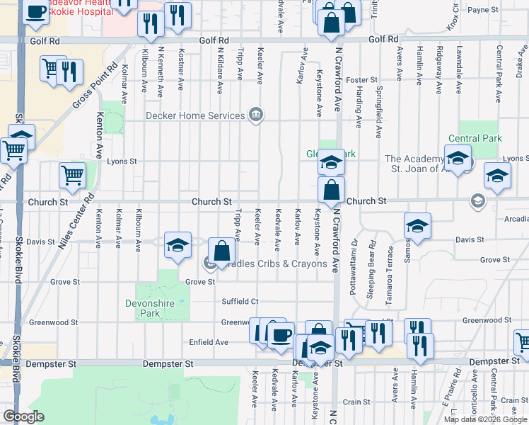 map of restaurants, bars, coffee shops, grocery stores, and more near in Skokie