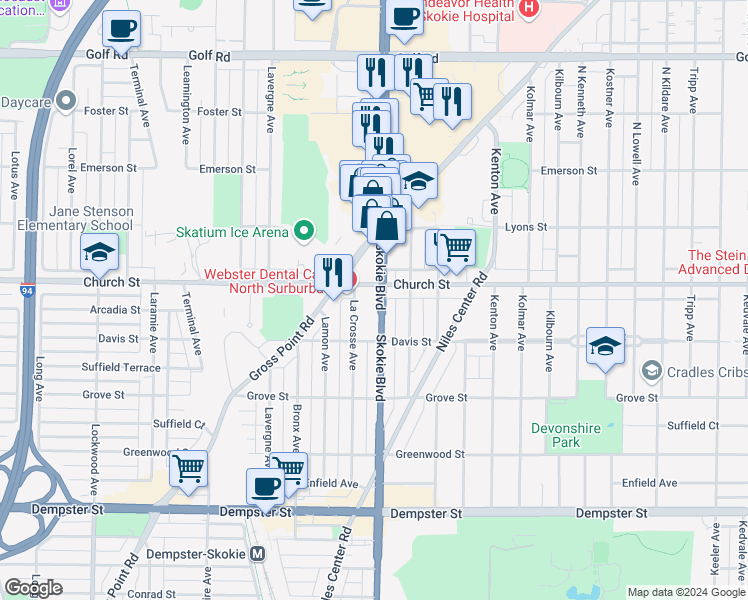 map of restaurants, bars, coffee shops, grocery stores, and more near in Skokie