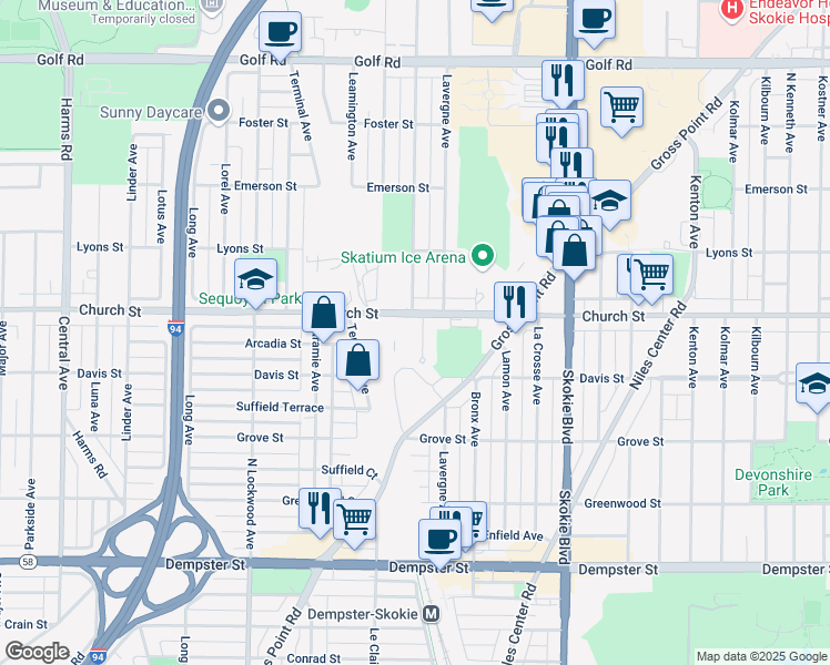 map of restaurants, bars, coffee shops, grocery stores, and more near 5029 Church Street in Skokie
