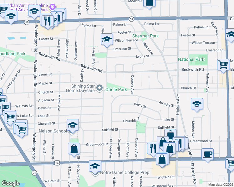 map of restaurants, bars, coffee shops, grocery stores, and more near 9200 Oriole Avenue in Morton Grove