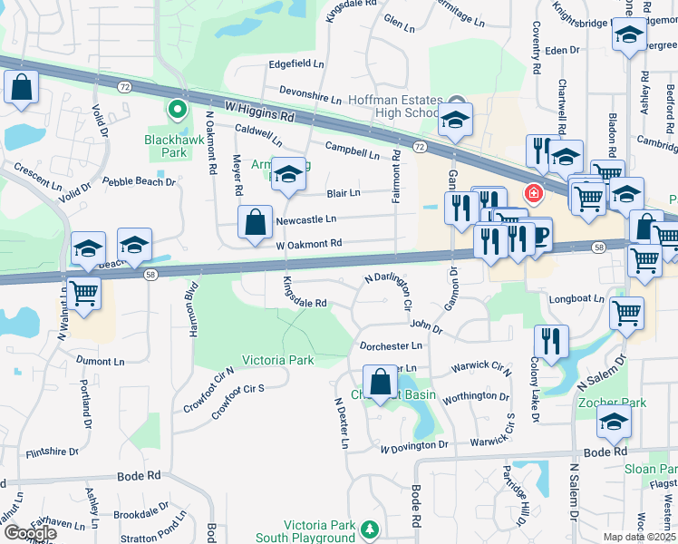 map of restaurants, bars, coffee shops, grocery stores, and more near 1333 West Oakmont Road in Hoffman Estates