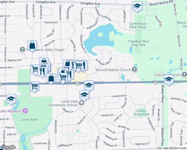 map of restaurants, bars, coffee shops, grocery stores, and more near 1065 Woodhill Court in Elgin